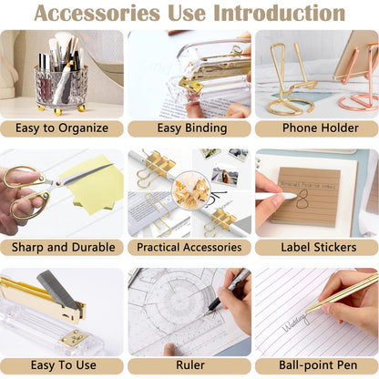 Gold Desk Accessories, Office Desk Organizers and Accessories 360°Pen Holder Acrylic Stapler Set, Phone Holder, Ballpoint Pen, Scissor, Binder Clips, Ruler, Transparent Glue, Sticky Note and Staples.