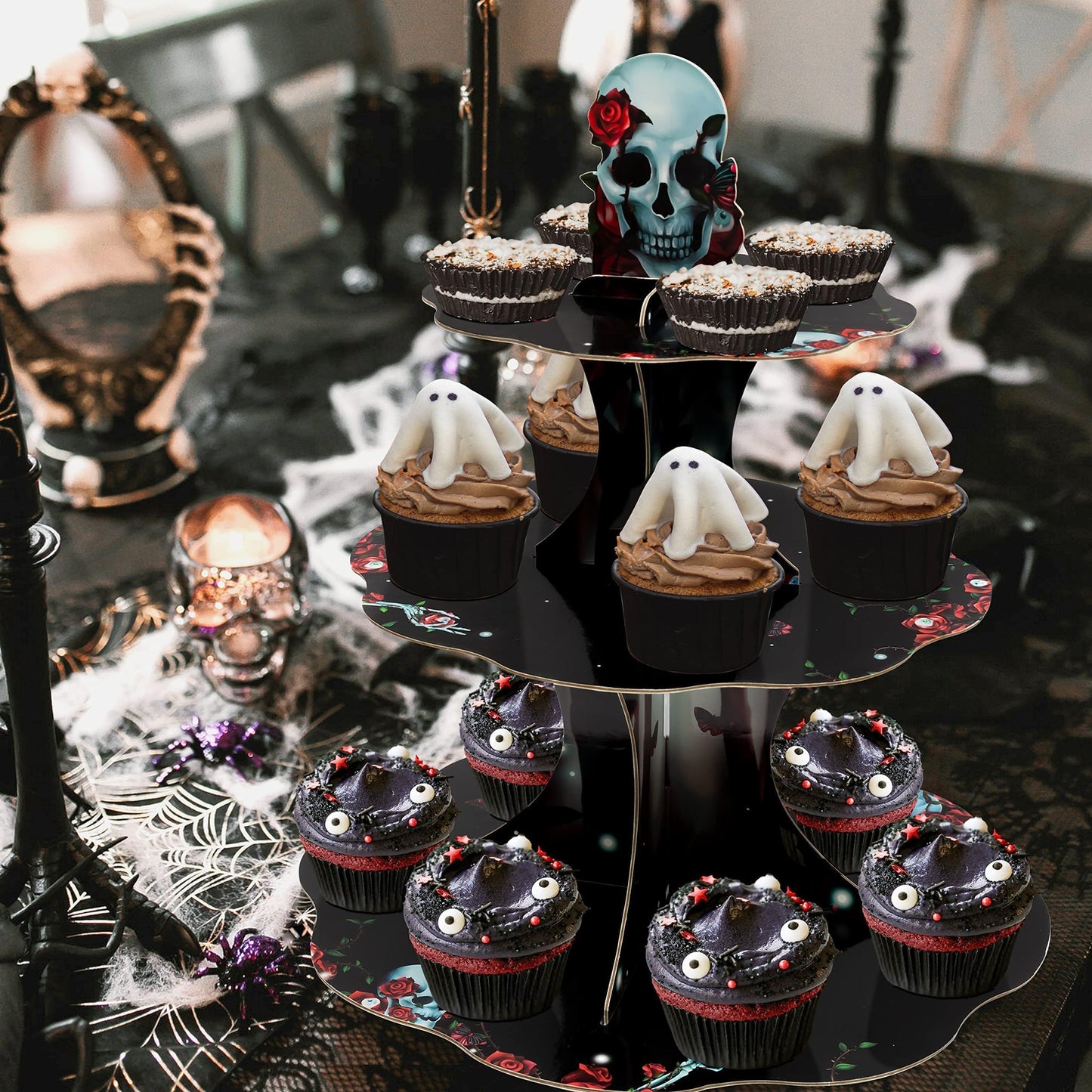 Cheerland Halloween Cupcake Stand Black Red Skeleton Birthday Party Decorations Rose Skull Party Decoration Goth Birthday Decor Spooky Skeleton Gothic Halloween Wedding Decorations