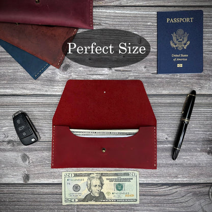 Thot Ra Leather Cash Envelope Wallet, Money Pouch Reusable Budget Envelope Wallet, Leather Cash Holder With One Slot Holder, Handmade, Full Grain Leather Vintage (Red)