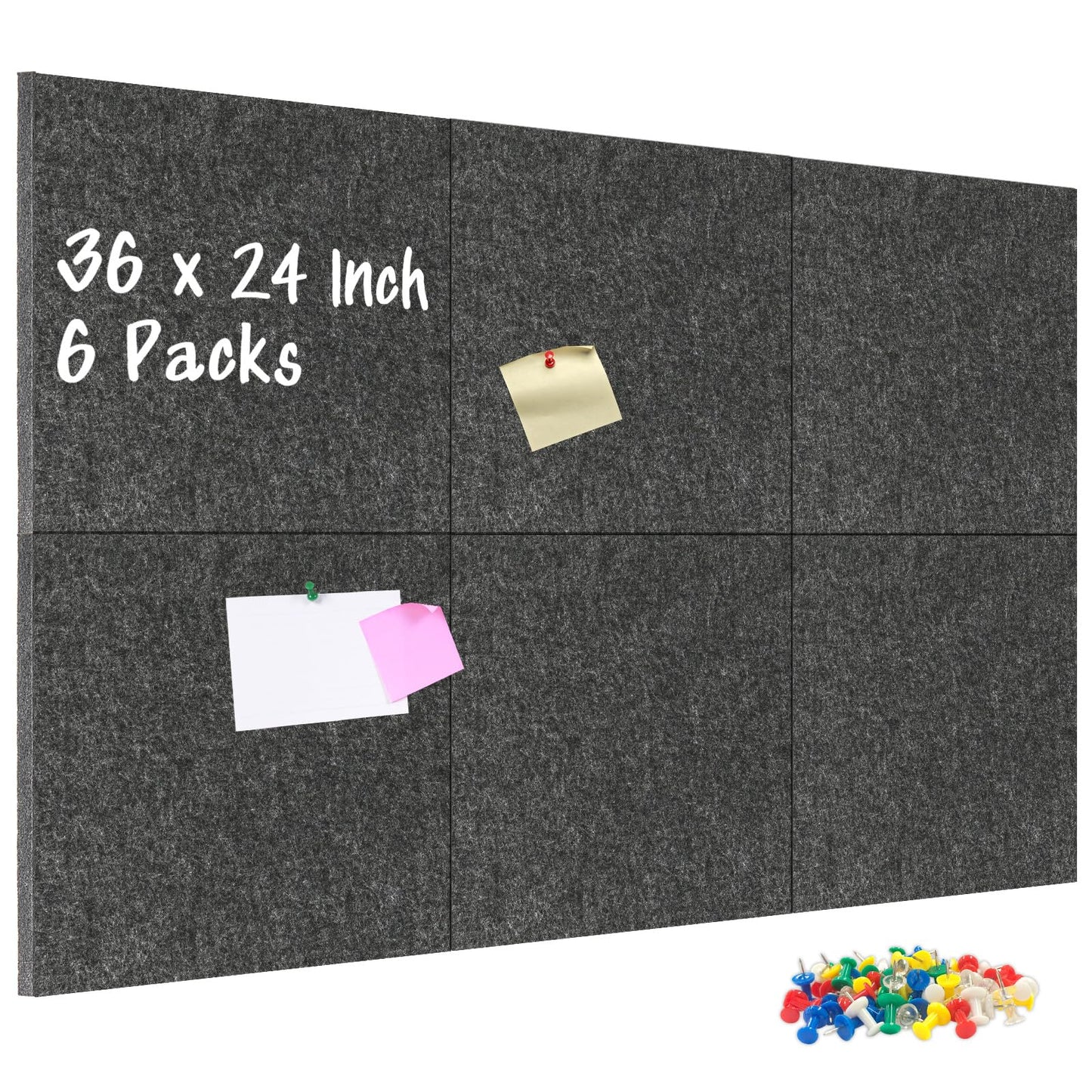 DOLLAR BOSS Felt Cork Board Tiles, 6 Packs 12" x 12" 1/2" Thick Cork Bulletin Board Self Adhesive Corkboards for Walls with 60 Pushpins for Home Office Kitchen School Decor Display, Grey
