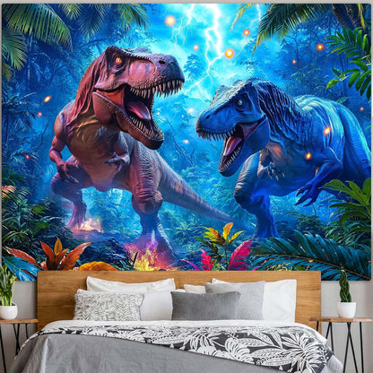Spenlife Thunder Dinosaur Showdown Wall Tapestry, Fantasy Dino Battle Tapestries for Room Decor, Prehistoric Tapestry 60x44 Inch