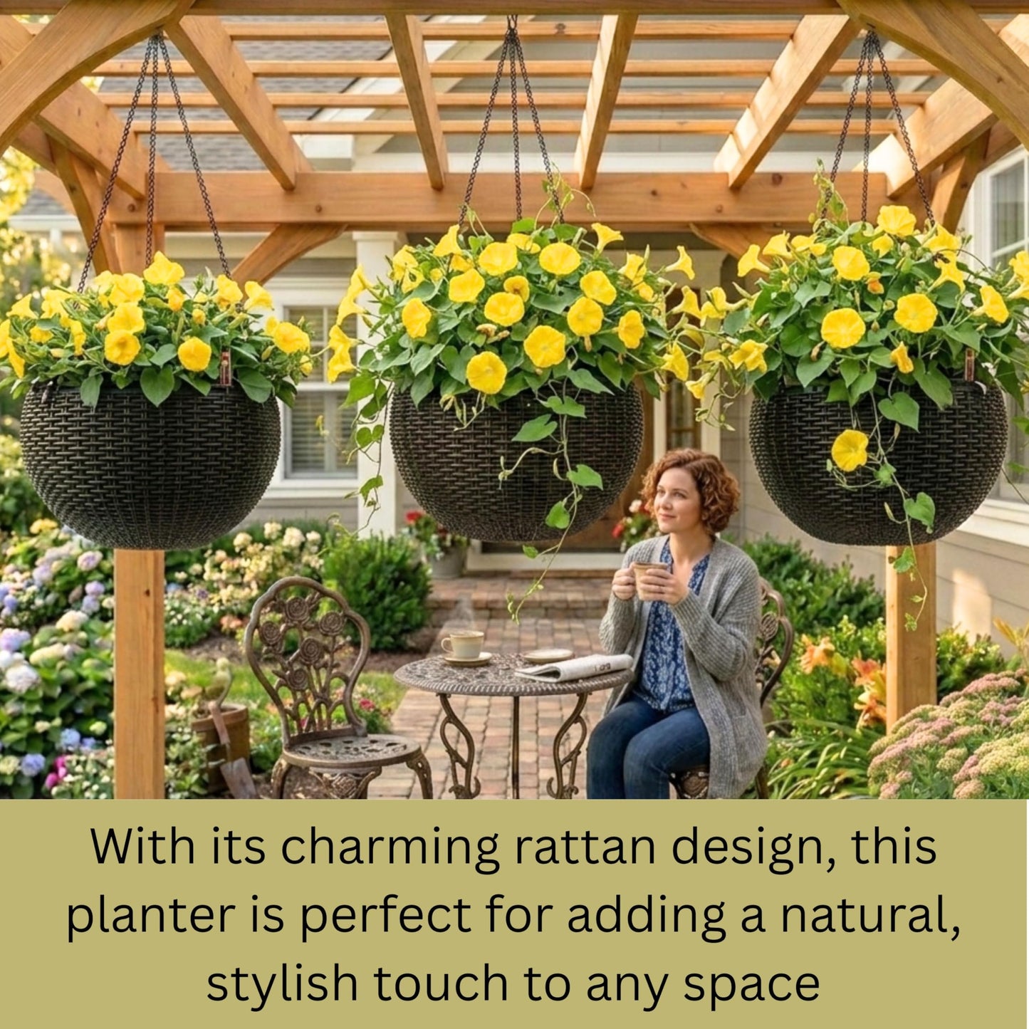LaLaGreen Bundle- 4 Pack, 11 Inch Self Watering Hanging Basket + 2 Pack, 24 Inch Metal Basket with Coco Liner Wall Mount Fence Rail Planter Round Plastic Flower Pots Balcony Porch Patio Outdoor Garden