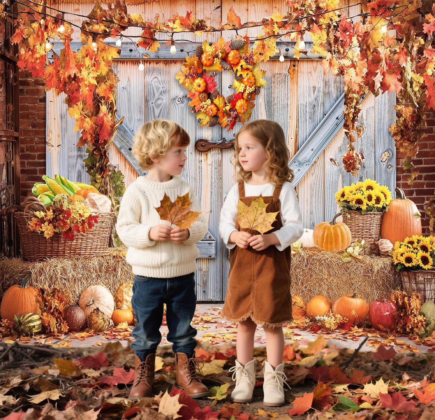 Fall Photo Backdrops for Photography, Pumpkin Thanksgiving Backdrop for Photoshoot, Orange Maple Leaves Harvest Friendsgiving Decorations 10x8ft