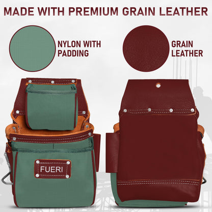 FUERI Electrician's Heavy Duty Tool Belt with Suspender, Made of Thick Leather and Durable Nylon, Comes with Adjustable Padded Tool Belt, Storage Capacity Tool Pouches, Hammer Holder, And Loops.