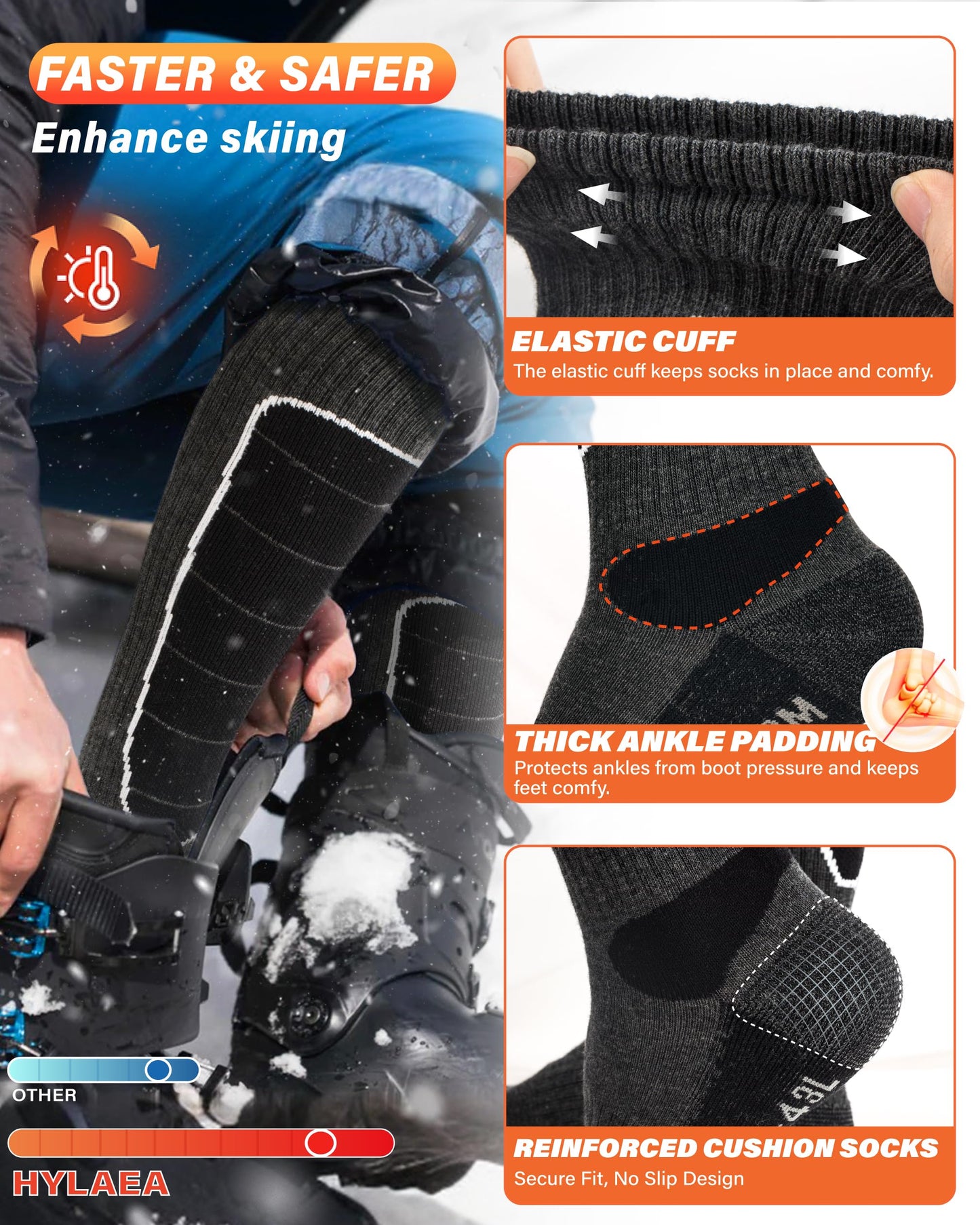 Merino Wool Cold Weather Ski Socks for Snowboarding, Snow, Winter - Thermal Knee-High Warm Socks for Hunting, Outdoor Sports (3 Pairs, Black Grey Grey, X-Large)
