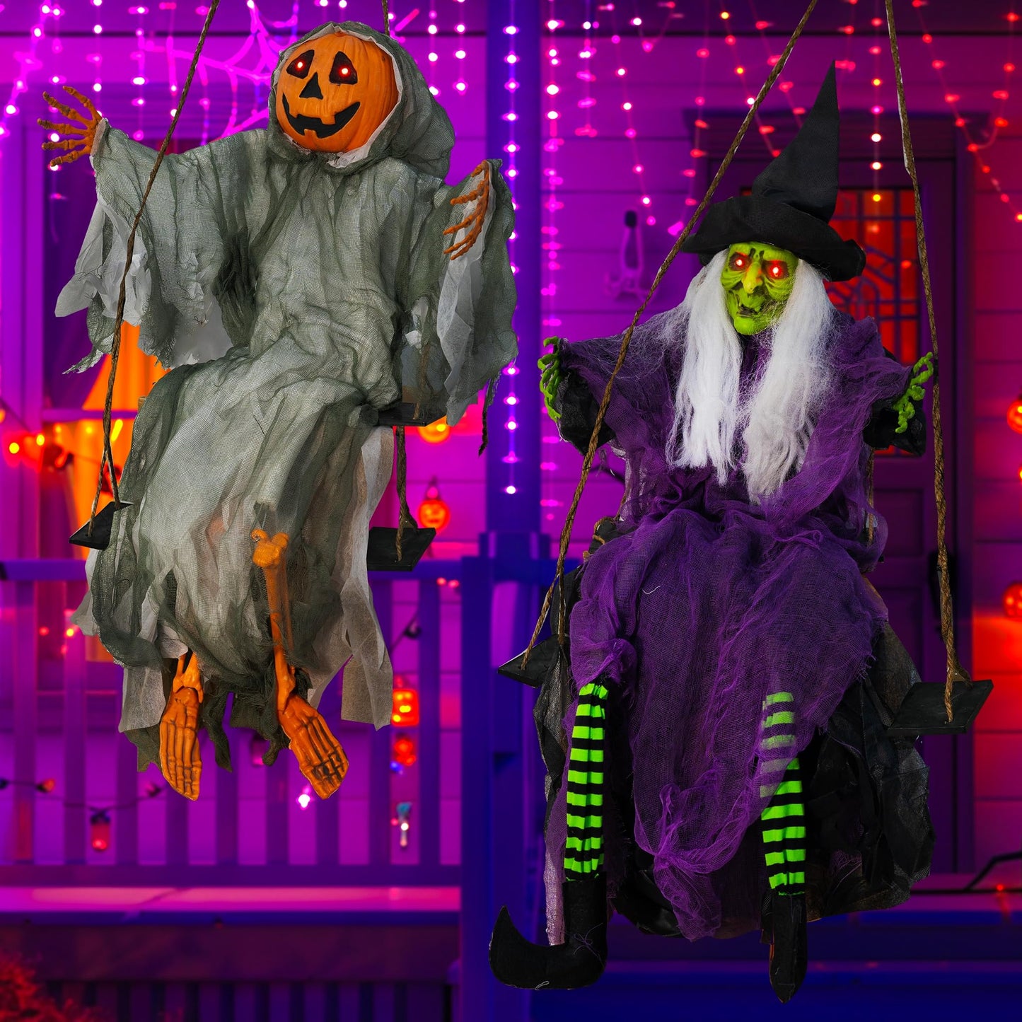 Hourleey 2 Pack Halloween Decorations Outdoor, Swinging 3.6ft Witch and Hanging 4ft Pumpkin Ghost with Lighted Eyes for Haunted House Prop Décor, Halloween Indoor