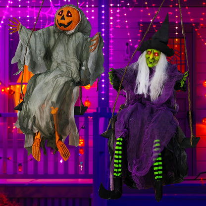 Hourleey 2 Pack Halloween Decorations Outdoor, Swinging 3.6ft Witch and Hanging 4ft Pumpkin Ghost with Lighted Eyes for Haunted House Prop Décor, Halloween Indoor
