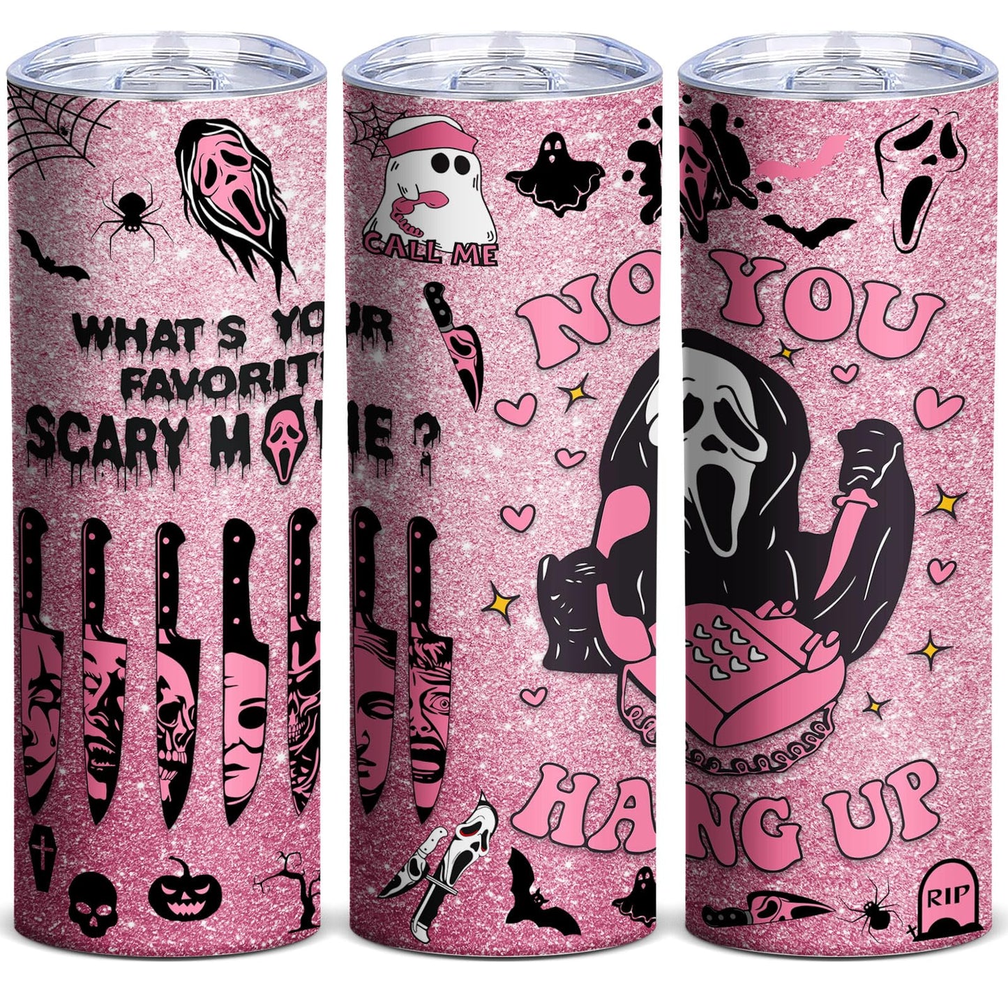 Pink Spooky Cute 20oz Skinny Tumbler, Halloween Horror Aesthetic Stainless Steel Travel Mug with Lid, Insulated Coffee Cup Gift for Women Teens