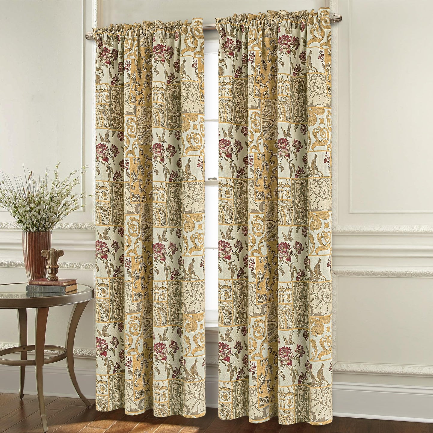 Loom and Mill Damask Patchwork Curtains for Bedroom, Beige Yellow Lined Jacquard Curtains 2 Panels with Tiebacks, Window Curtain for Living Room Banquet Halloween Decor, Rod Pocket(52”x 84”, 2 Panels)