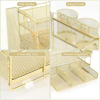 gianotter Desk Organizers and Accessories with File Holder, 4-Tier Desk Accessories & Workspace Organizers with Drawer and 2 Pen Holder, Paper Organizer for Office Supplies(Gold)