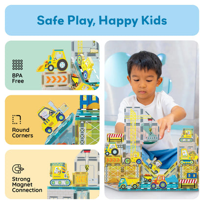 PicassoTiles Magnet Tiles Magnetic Building Blocks with 8 Construction Vehicles Crank Truck Excavator Bulldozer Road Roller Concrete Mixer Tractor Dump Truck Forklift Toys Learning Kids Ages 3+ PTQ11