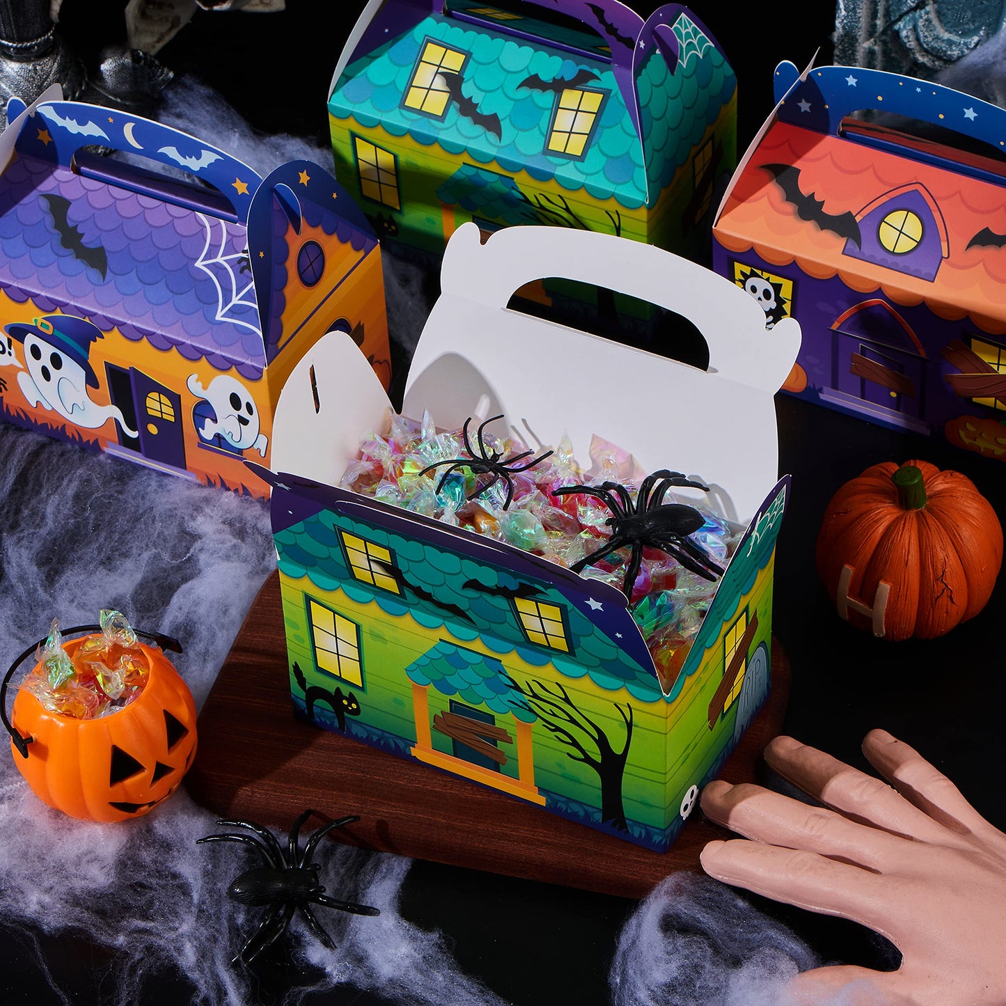 JOYIN 24 PCS Halloween Treat Boxes Cookie Boxes, House Cardboard for Treat Candy Bags Cookies Goodie Bags (5.6"x5.6"x3.2") Trick or Treat for Kids Children Halloween Party Favor Supplies