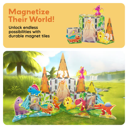 PicassoTiles Magnet Tiles Building Blocks Dinosaur Theme Set with 8 Magnetized Action Figures Magnetic Construction Build and Play Toy with Magnets STEM Learning Activities for Toddlers 3+ PTQ13