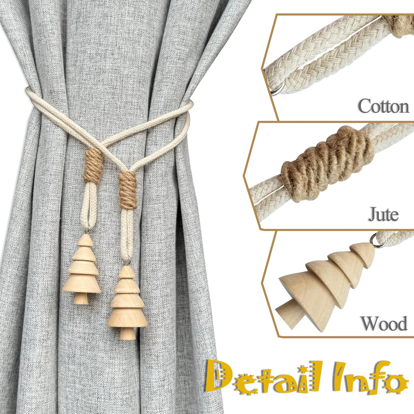 Curtain Tiebacks Farmhouse Holdbacks for Drapes, Boho Tie Backs for Curtains, Cotton Rope with Woody Christmas Tree for Home Decor, Natural Shabby Chic Drapery Holder, Pack-2