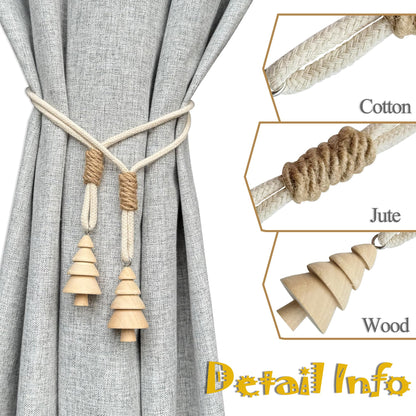 Curtain Tiebacks Farmhouse Holdbacks for Drapes, Boho Tie Backs for Curtains, Cotton Rope with Woody Christmas Tree for Home Decor, Natural Shabby Chic Drapery Holder, Pack-2