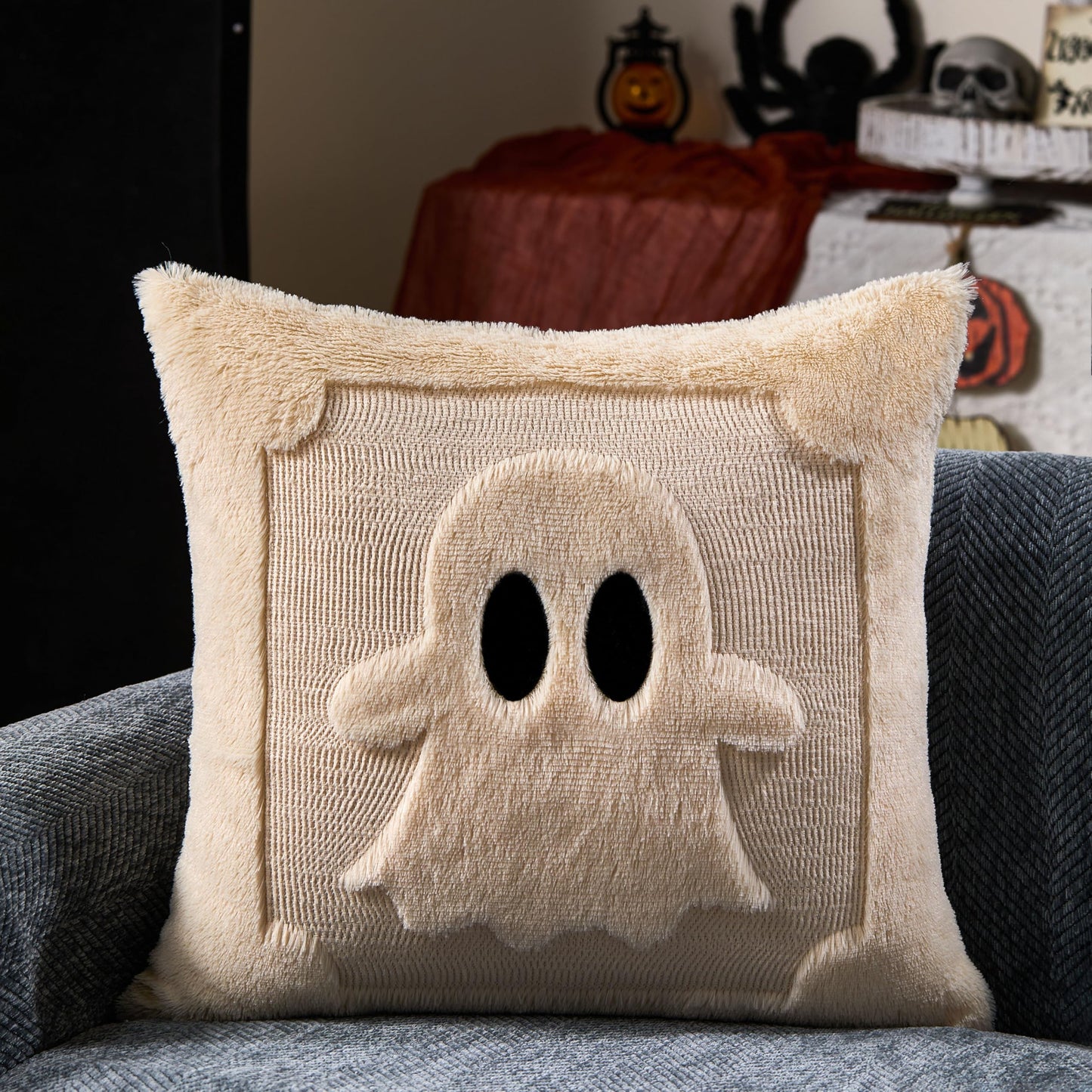 DFXSZ Halloween Pillow Covers 18x18 inch Set of 2 Black Eyes Beige Ghost Throw Pillow Cases Soft Plush Faux Fur Wool Couch Cushion Case for Chair Sofa Bedroom Living Room Home Decor PTK058B18