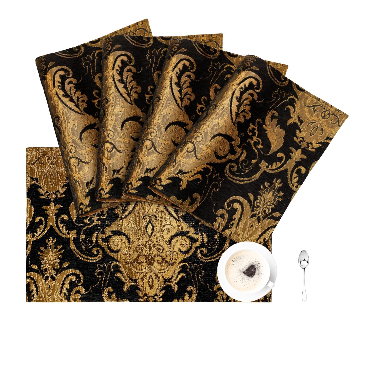 Loom and Mill Luxury Chenille Placemats Set of 4, Classic Damask Jacquard Table Place Mats for Dining Table Kitchen Halloween Holiday Banquet Decoration, Double-Layer Dining Table Mats(12"x18", Black)