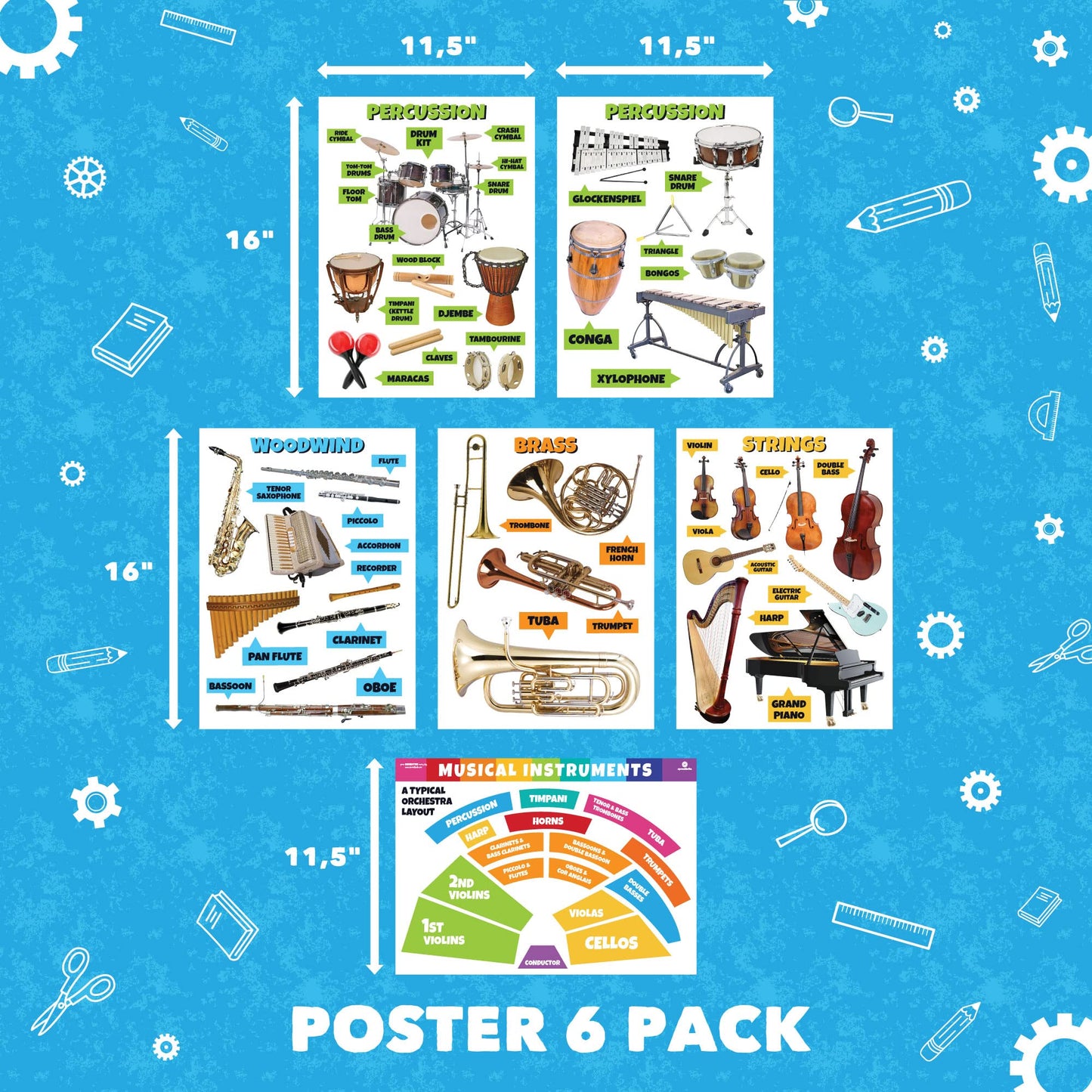 Sproutbrite 6 Pack 11.5"x16" Music Posters for Classroom – Music Classroom Decor for Elementary, Middle and High School - Builds Understanding of Musical Instruments