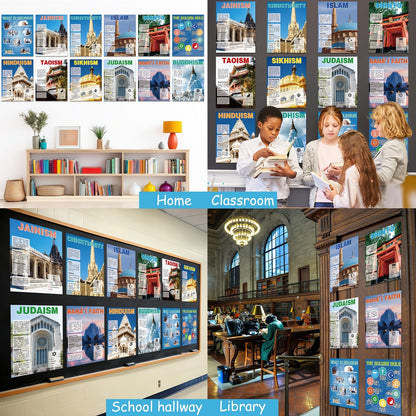 12Pcs World Religious Posters Educational Social Studies Classroom Decoration The Golden Rule Posters Cultural Diversity Wall Art Prints for Students Teacher Middle High School Library Homeschool