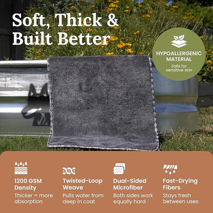 Premium Twisted Loop Drying Towels for Drying Dogs Small 16" x 24" Super Absorbent Microfiber Dog Bath Towel – Quick Dry, Soft – 1200 GSM Gray for Pets, Beach, Camping & Travel