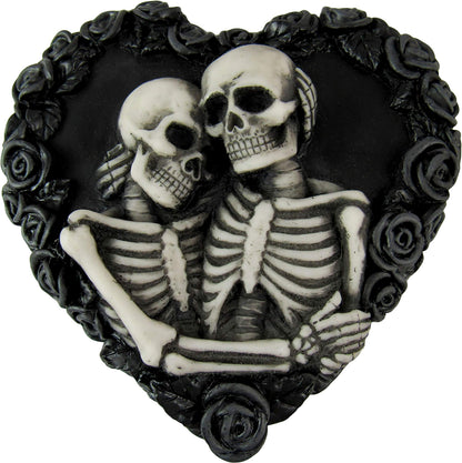 DWK - To Have & To Hold - Beautiful Gothic Skeleton Lovers Embracing on Black Rose Wreath Keepsake Jewelry Trinket Stash Box with Red Interior Romantic Goth Valentine's Day Home Decor Accent, 5-inch