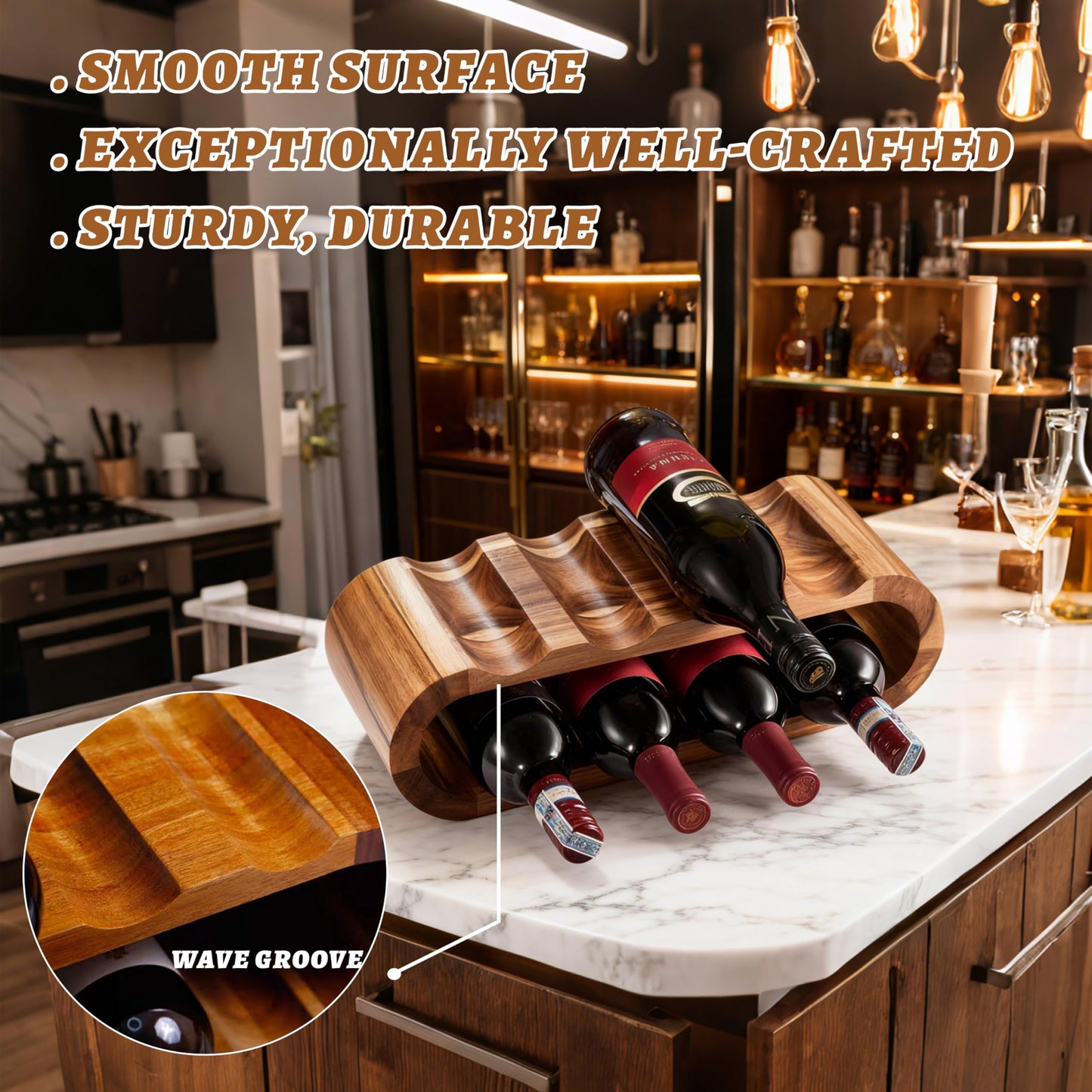 Chreyty Classic Wooden Wine Rack – 8-Bottle Acacia Wine Holder Stand – Freestanding Wine Storage – Great for Home Decor No Assembly Required.