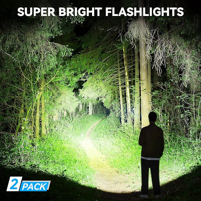 Kmivo Rechargeable LED Flashlight, 100,000 High Lumens Super Bright Tactical Flashlight, 5 Modes Adjustable Focus, Waterproof Powerful Handheld Flash Light for Camping Home Emergency (2 Pack)