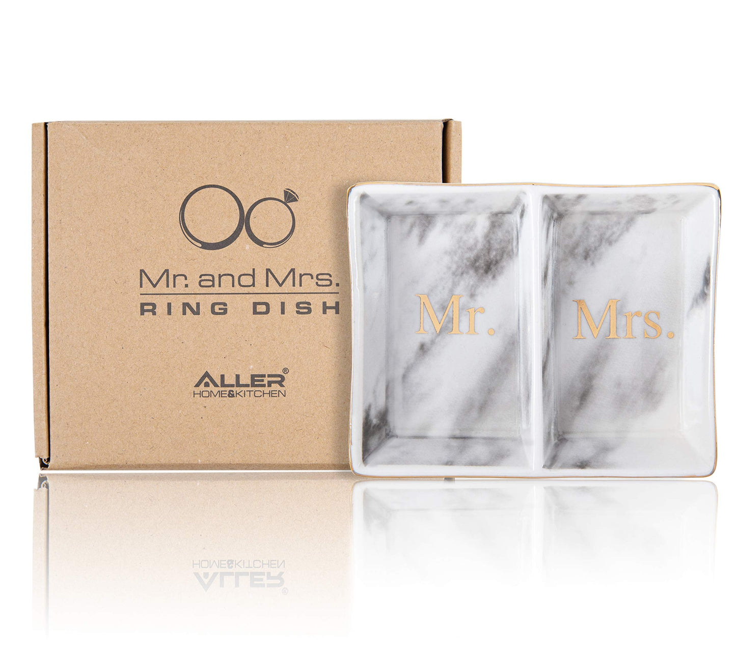 Aller Home & Kitchen Mr. & Mrs. Ring Dish - Marble Design Trinket Dish, Couples Ring Holder Dish - His and Hers Two Section Jewelry Dish Tray, Great for Wedding and Engagement Gifts