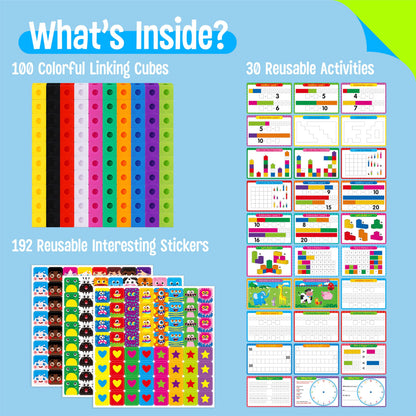 Math Linking Cubes, 100 Math Cube Manipulatives with 30 Learning Activities plus 192 Reusable Stickers, Number Counting Blocks Snap Linking Math Counters, Fun & Educational Pre-K Counting Blocks