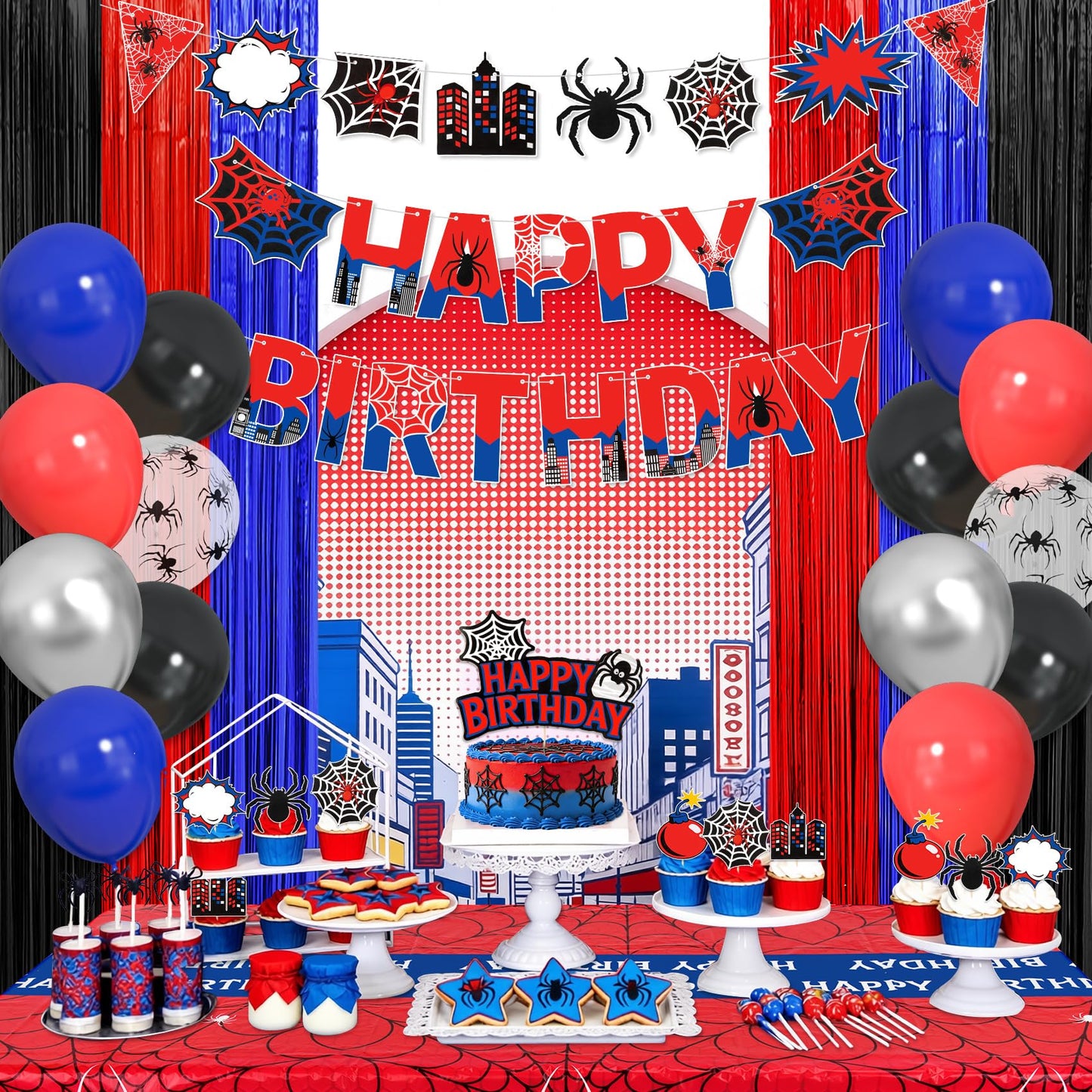 Black Red and Blue Birthday Party Decorations, 67 Pcs Spider Balloons Party Supplies with Table Cloth, Happy Birthday Banner Garland, Foil Fringe Curtains, Spider Cake Topper for Cartoon Shower Theme