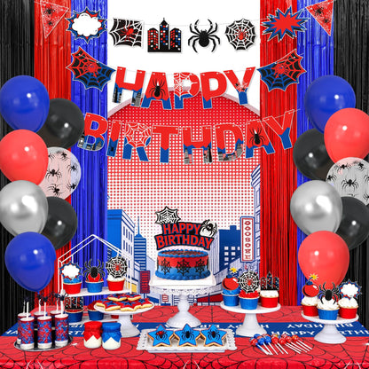 Black Red and Blue Birthday Party Decorations, 67 Pcs Spider Balloons Party Supplies with Table Cloth, Happy Birthday Banner Garland, Foil Fringe Curtains, Spider Cake Topper for Cartoon Shower Theme
