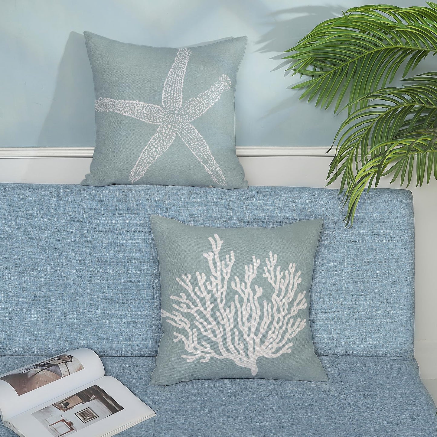 GOLIANDA Coastal Pillow Covers 18x18 Inch Set of 2 Blue Coral Starfish Throw Pillows Nautical Ocean Decorations Summer Linen Beach Pillowcase Outdoor Decor Farmhouse Cushion Case for Home Living Room