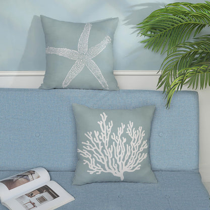 GOLIANDA Coastal Pillow Covers 18x18 Inch Set of 2 Blue Coral Starfish Throw Pillows Nautical Ocean Decorations Summer Linen Beach Pillowcase Outdoor Decor Farmhouse Cushion Case for Home Living Room