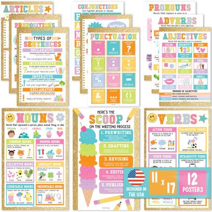 Parts of Speech Posters for Classroom Must Haves -12 Grammar Posters, Writing Process for Homeschool, Elementary & Middle School, ELA 3rd 4th & 5th Grade Teacher Must Haves, Gold Classroom Decor