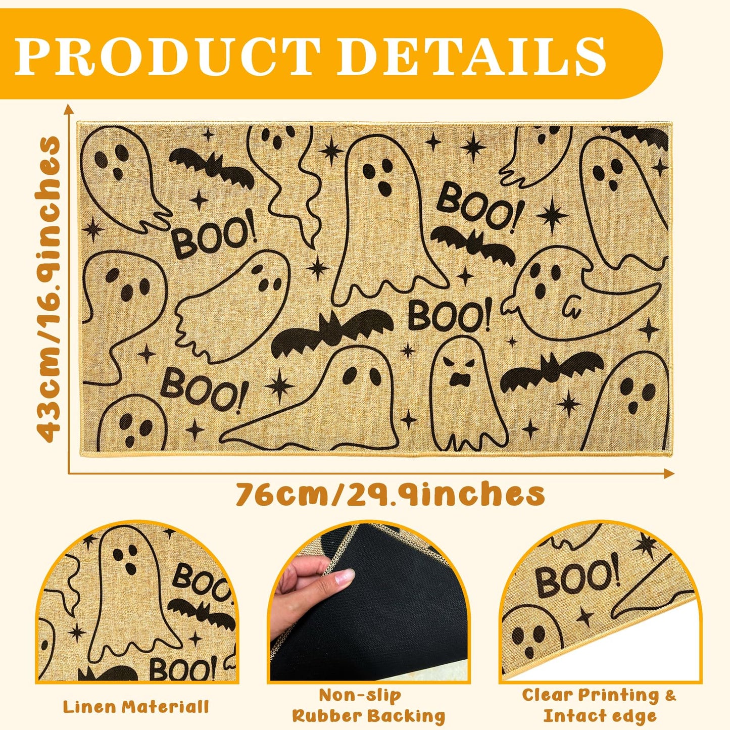 Kazova Ghost Doormat Boo 17x30 Inch Non Slip Washable Linen Indoor Outdoor Rug for Couples Introvert Funny Unwelcome Front Door Entryway