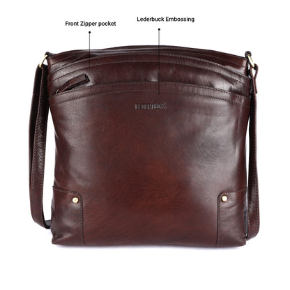 LEDERBUCK Terry Large Soft Real Leather Crossbody handbag-Triple Zip Premium Sling Crossover Shoulder Bag for Women (Brown)