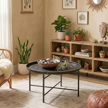 HOMCOM 24" Round Coffee Table with Hammered Tray Top, Vintage Metal Center Table for Living Room, Bedroom, Side Table, Pewter