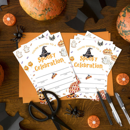 SIXEIGHT Cute Halloween Party Invitations, Funny Ghost Pumpkin Halloween Invitations for Boys Girls, 25 Pack Cute Invite Cards with Envelopes, Wedding Birthday Baby Shower Party Decorations-E10