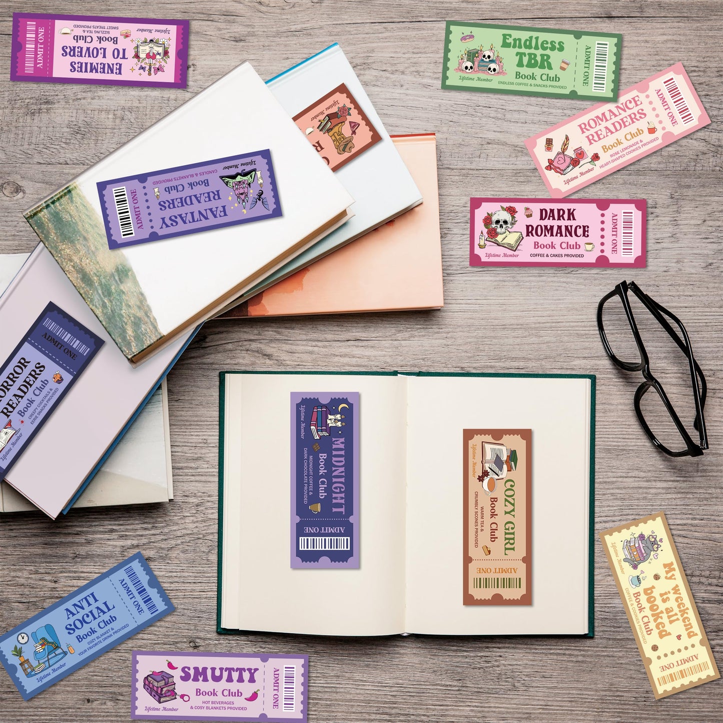 Laffact 120Pcs Funny Book Club Ticket Bookmark, Cowboy Romance Reading Tracker, Dark Romance Horror Anti Social Fantasy Readers Accessories Supplies Bookish Gifts Page Clip for Women Men Book Lover