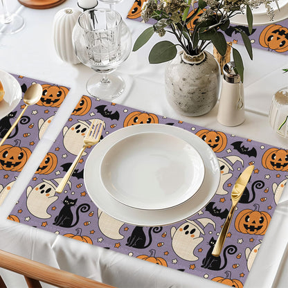 Halloween Ghosts Pumpkins Table Mats Set of 6,Black Cats Non-Slip Washable Placemats for Restaurant Home Kitchen Dinner Table 12x18Inch