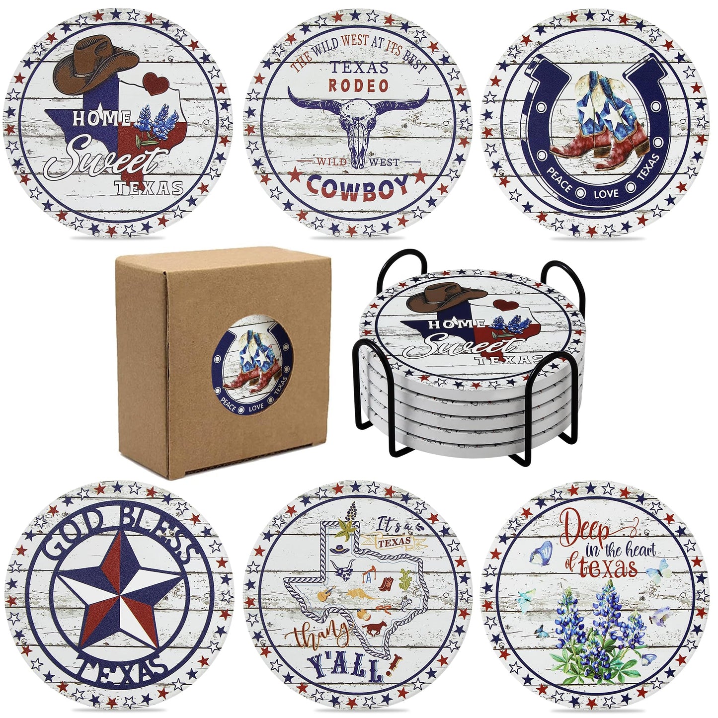 Texas Souvenirs Gifts for Men Women,Travel Souvenir Coaster Set of 6,Drink Absorbent Coasters with Holder, Coffee Table Decor Ceramic Stone Coaster for New Home, Apartment Kitchen Bar