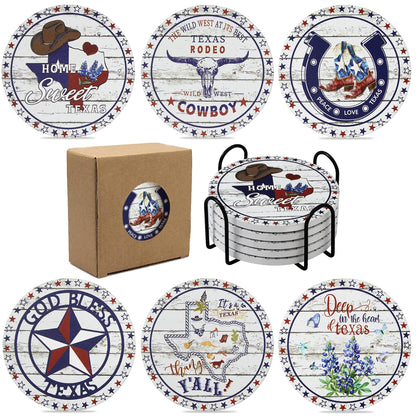 Texas Souvenirs Gifts for Men Women,Travel Souvenir Coaster Set of 6,Drink Absorbent Coasters with Holder, Coffee Table Decor Ceramic Stone Coaster for New Home, Apartment Kitchen Bar