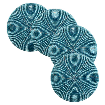 Handmade Beaded Bar Drink Tabletop Protection Coasters - Set of 4 - Halloween Harvest Autumn Fall Thanksgiving Holiday Christmas Xmas Celebration Festive Party 4" Round - Teal