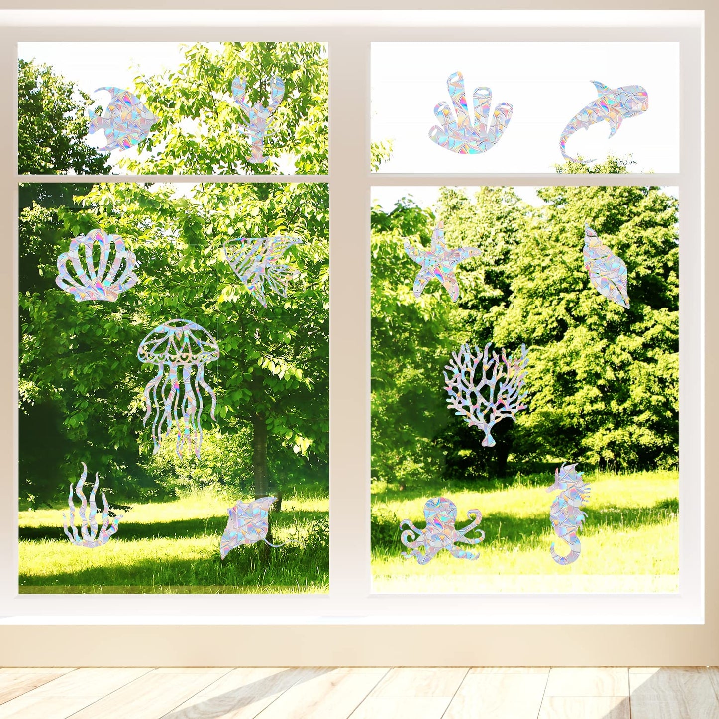 18 Pieces Ocean Window Decals for Bird Strikes - Anti-Collision Clings to Save Birds from Glass Collisions,Non Adhesive,Rainbow Suncatcher Stickers