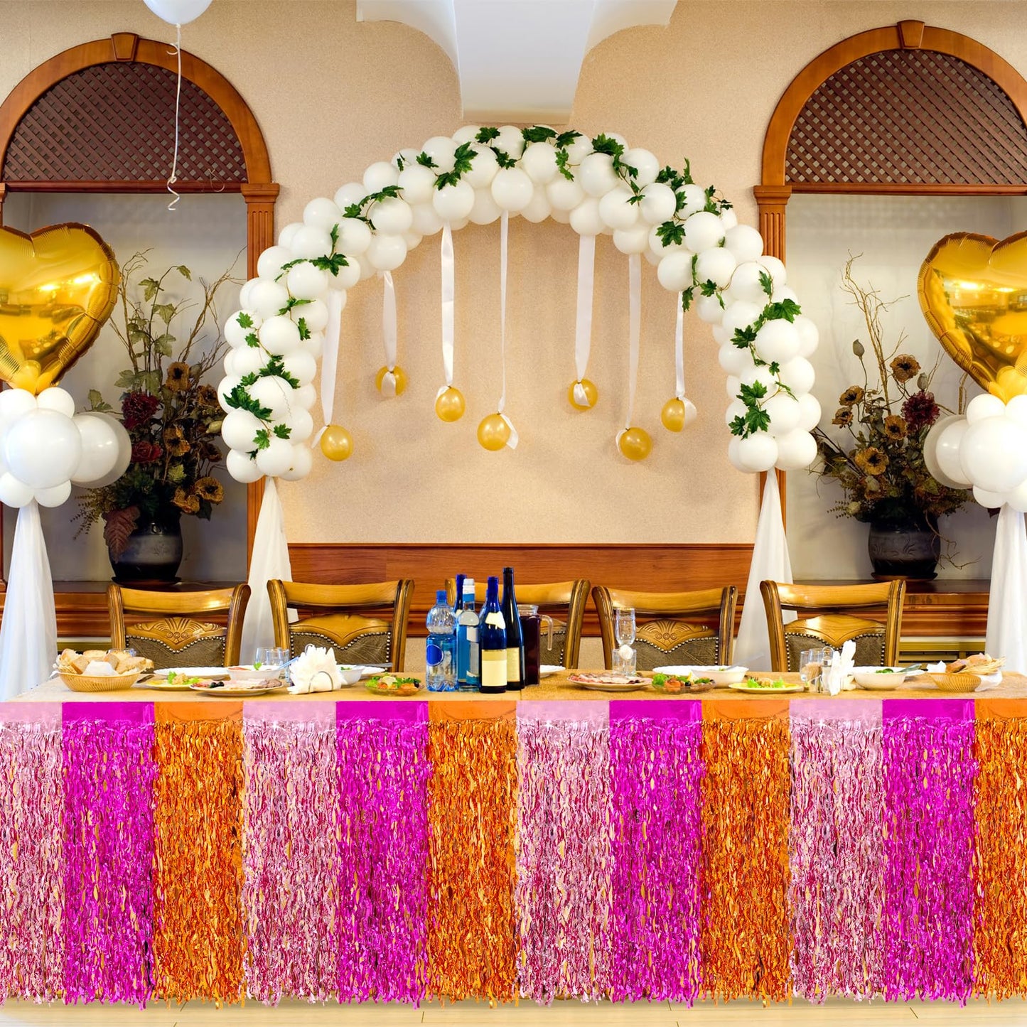 JarThenaAMCS Metallic Tinsel Foil Fringe Table Skirts Light Pink Hot Pink Orange Wavy Disposable Table Skirt 2Pcs Sparkly Party Decor for Parade Floats Wedding Birthday Bride Shower, 29 x 108 Inch