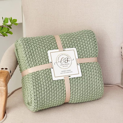 Chunky Cable Knit Throw Blanket Lightweight Light Green 100% Organic Cotton Blanket for Sofa Couch Bed Baby Nursery, Rustic Shabby Chic Modern Farmhouse, 60” x 80” Bonus Laundering Bag