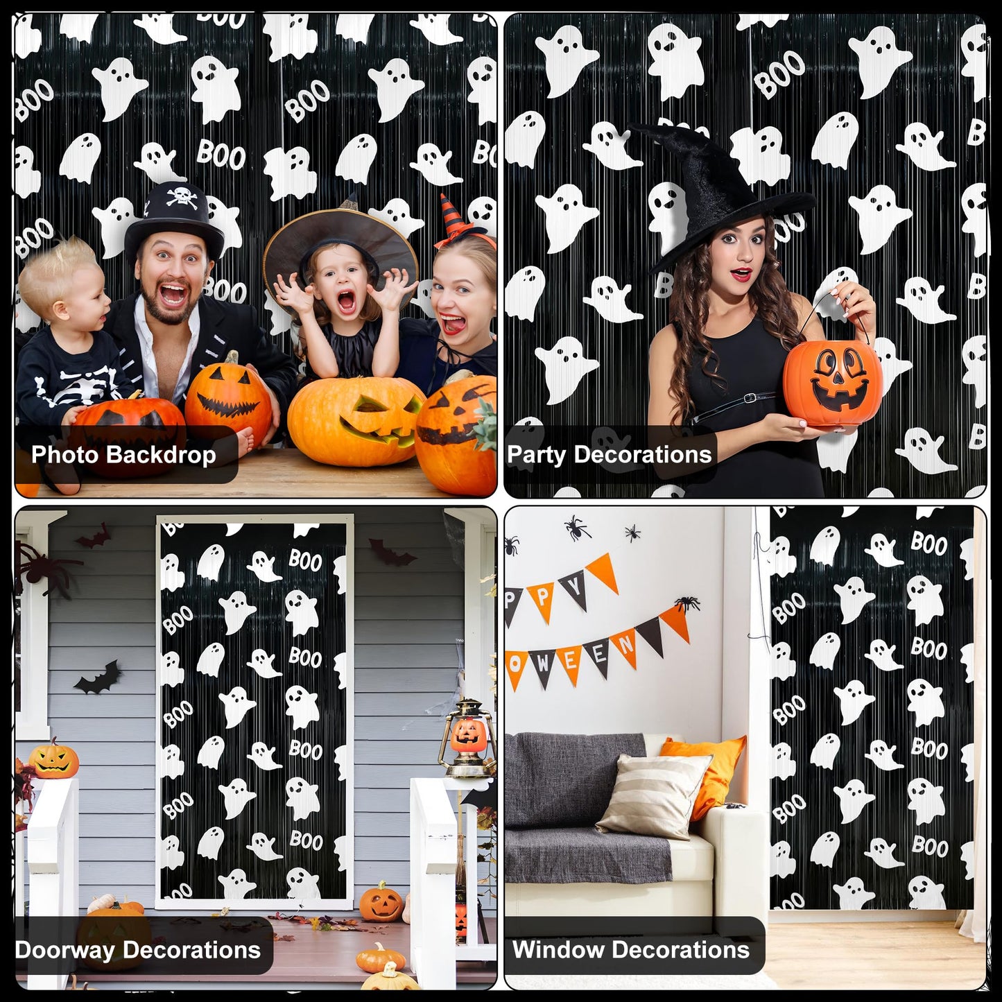 Augisteen 2 Packs Halloween Foil Fringe Curtains 3.3 x 6.6 Ft Black White Cute Ghost Photo Backdrop Streamers Boo Theme Tinsel Curtain Metallic Backdrop for Kids Birthday Babyshower Party Supplies