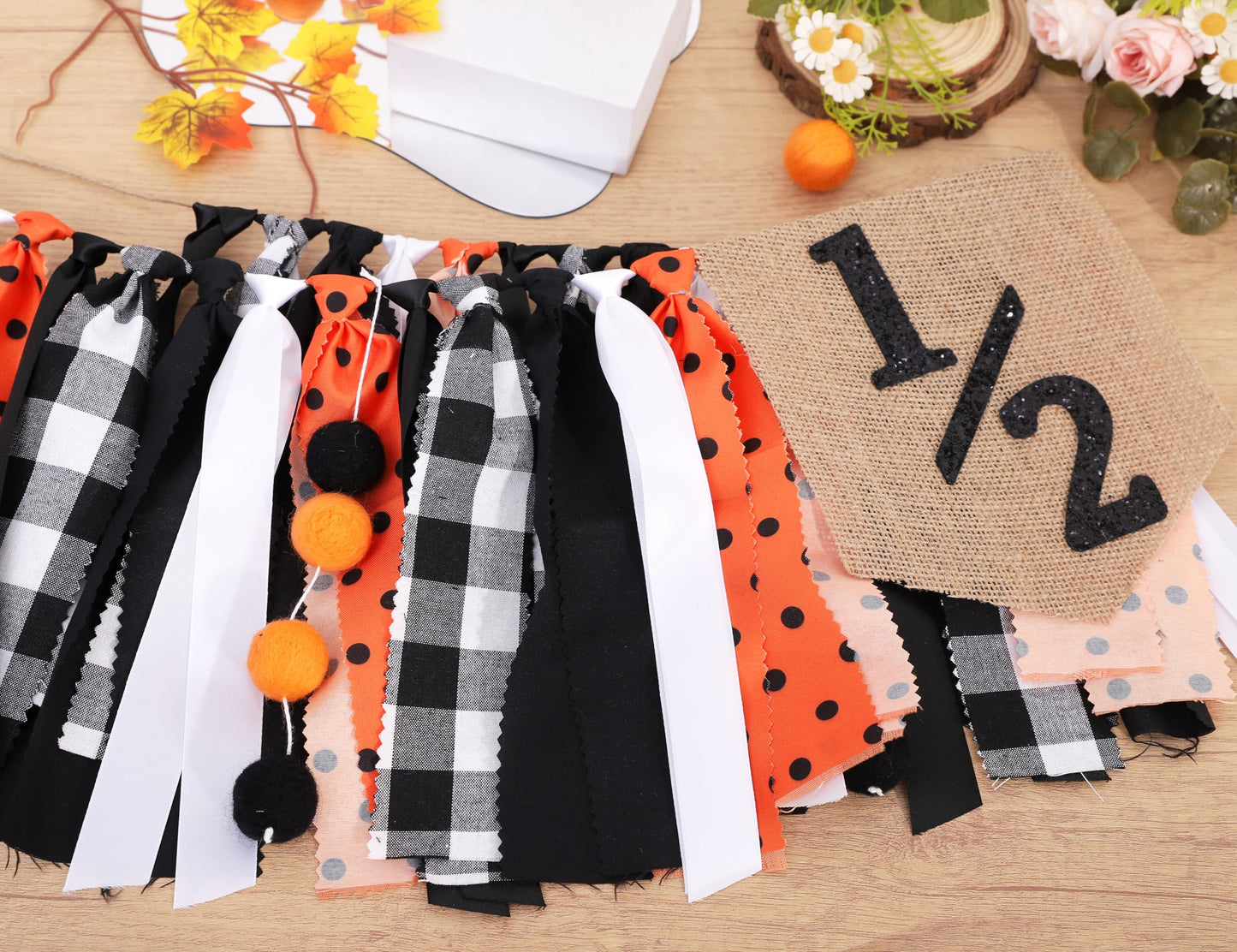 Halloween Half Birthday Highchair Banner - Black Orange Girls Half Birthday Banner, Spooky 1/2 Cake Smash Photo Backdrop, Fall Thanksgiving Day 6 Months Party Supplies