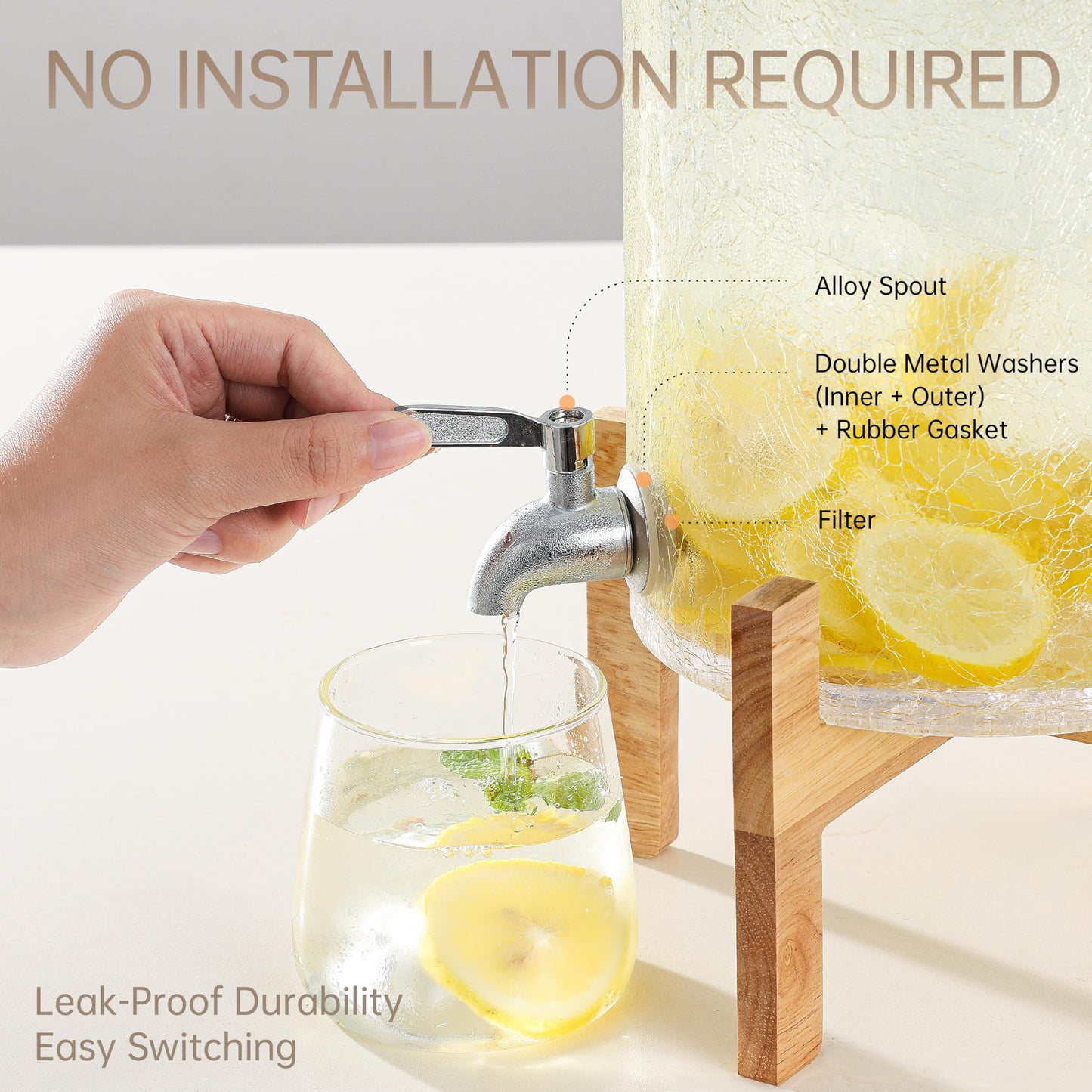 Cryyam 2 Gallon Glass Drink Dispenser with Stand, Beverage Dispenser with Wood Lid and Stainless Steel Spigot, Glass Water Dispenser for Parties, Ideal for Juice, Tea, Lemonade, and More