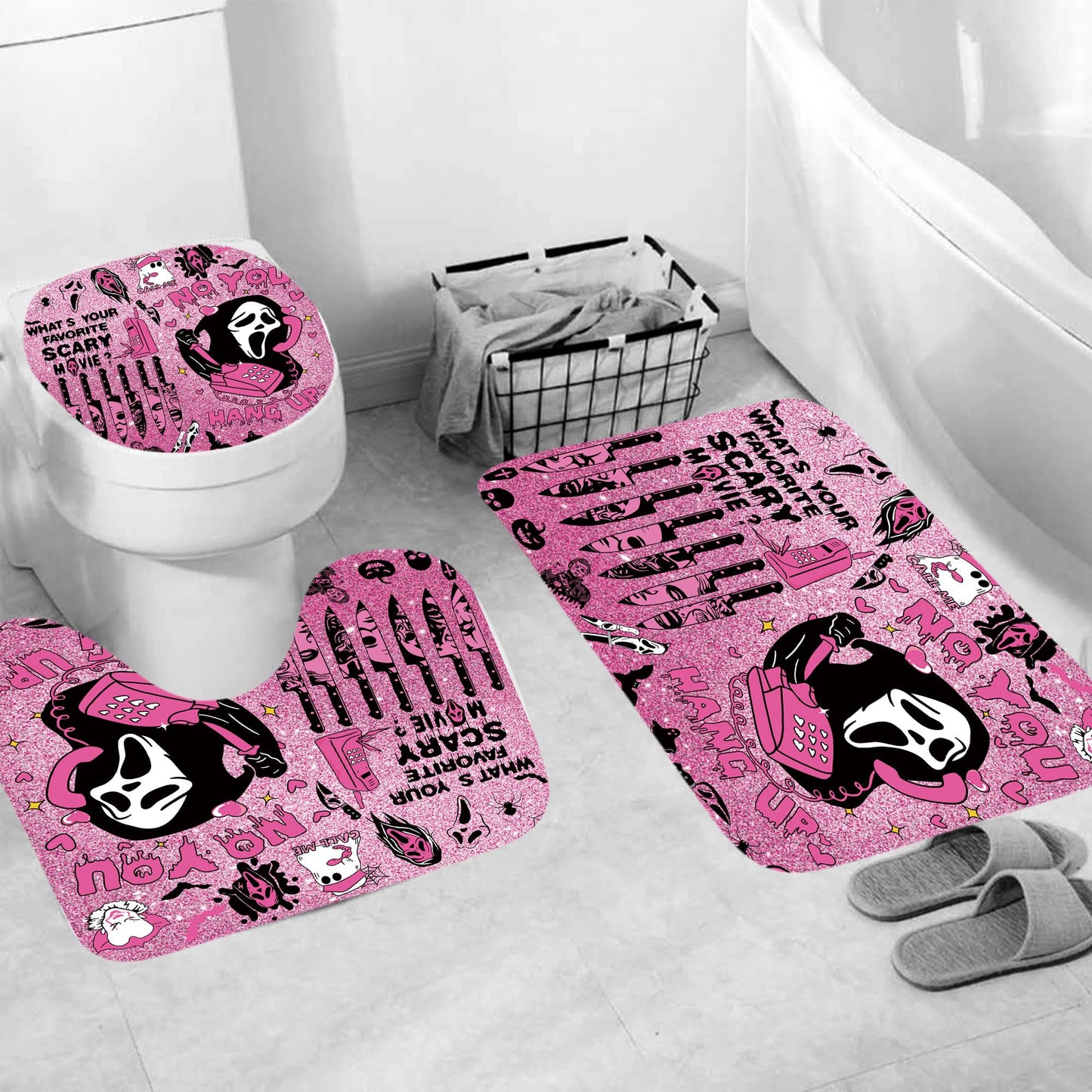 ONIBOGO 4Pcs Halloween Shower Curtain Set Gothic Pink Scary Shower Curtain Set for Halloween Bathroom Decor with Anti-Slip Waterproof Bathtub Bathroom Rugs Toilet Lid Cover